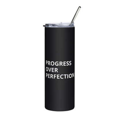 Progress Over Perfection black tumbler with straw white background 20 oz insulated cup