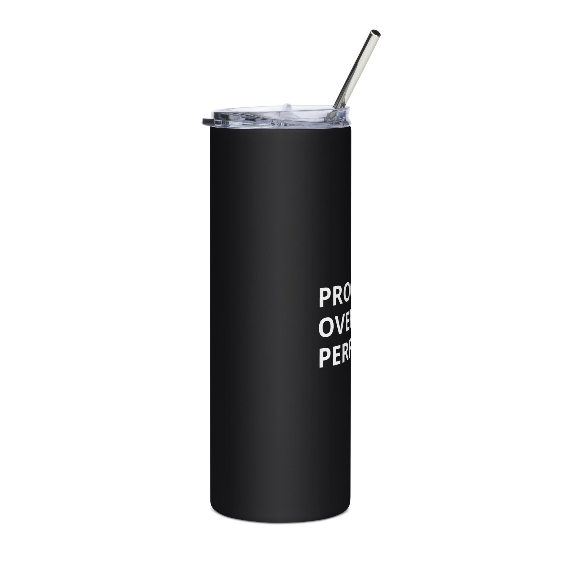 Progress Over Perfection black tumbler motivational design stainless steel right side view 