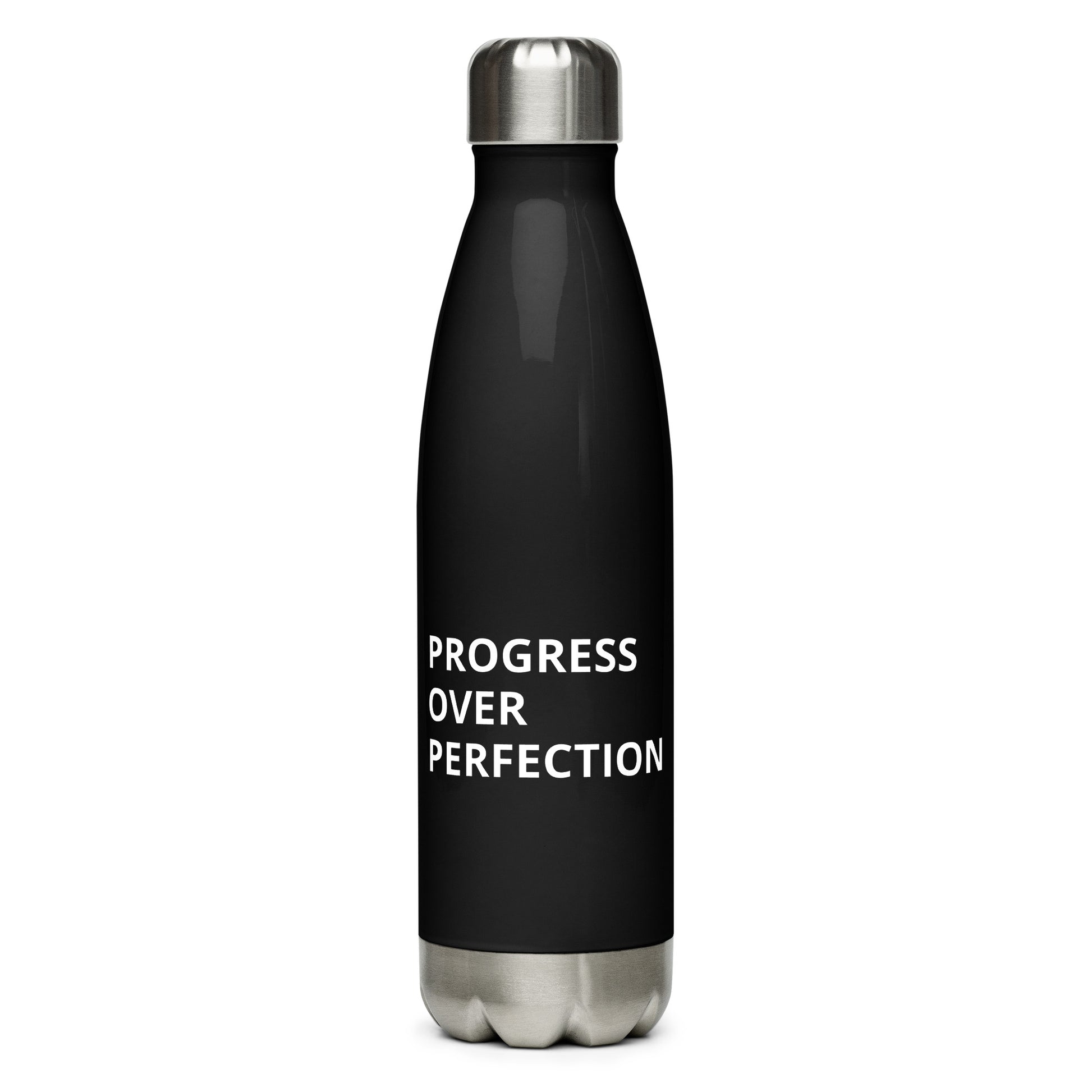 Progress Over Perfection black water bottle white background 500ml insulated stainless steel
