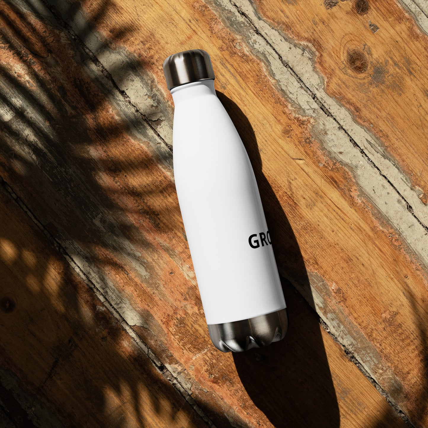 Growth motivational insulated water bottle product detail, white stainless steel bottle for fitness enthusiasts and goal-driven individuals
