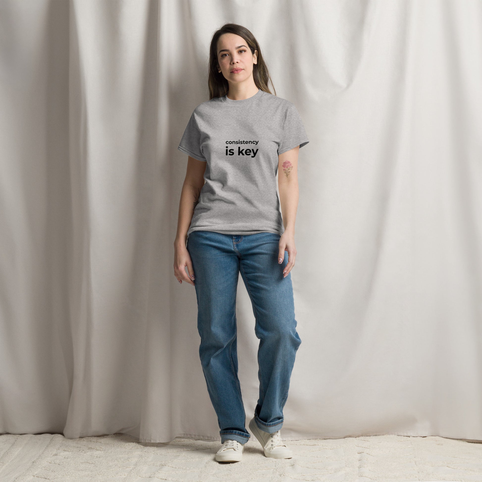 Consistency is Key unisex t-shirt grey front view motivational cotton tee