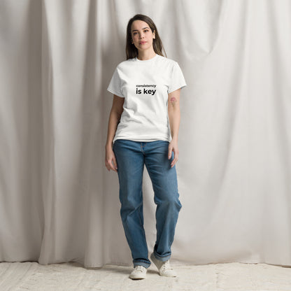 "Consistency is Key" white unisex t-shirt front view motivational apparel