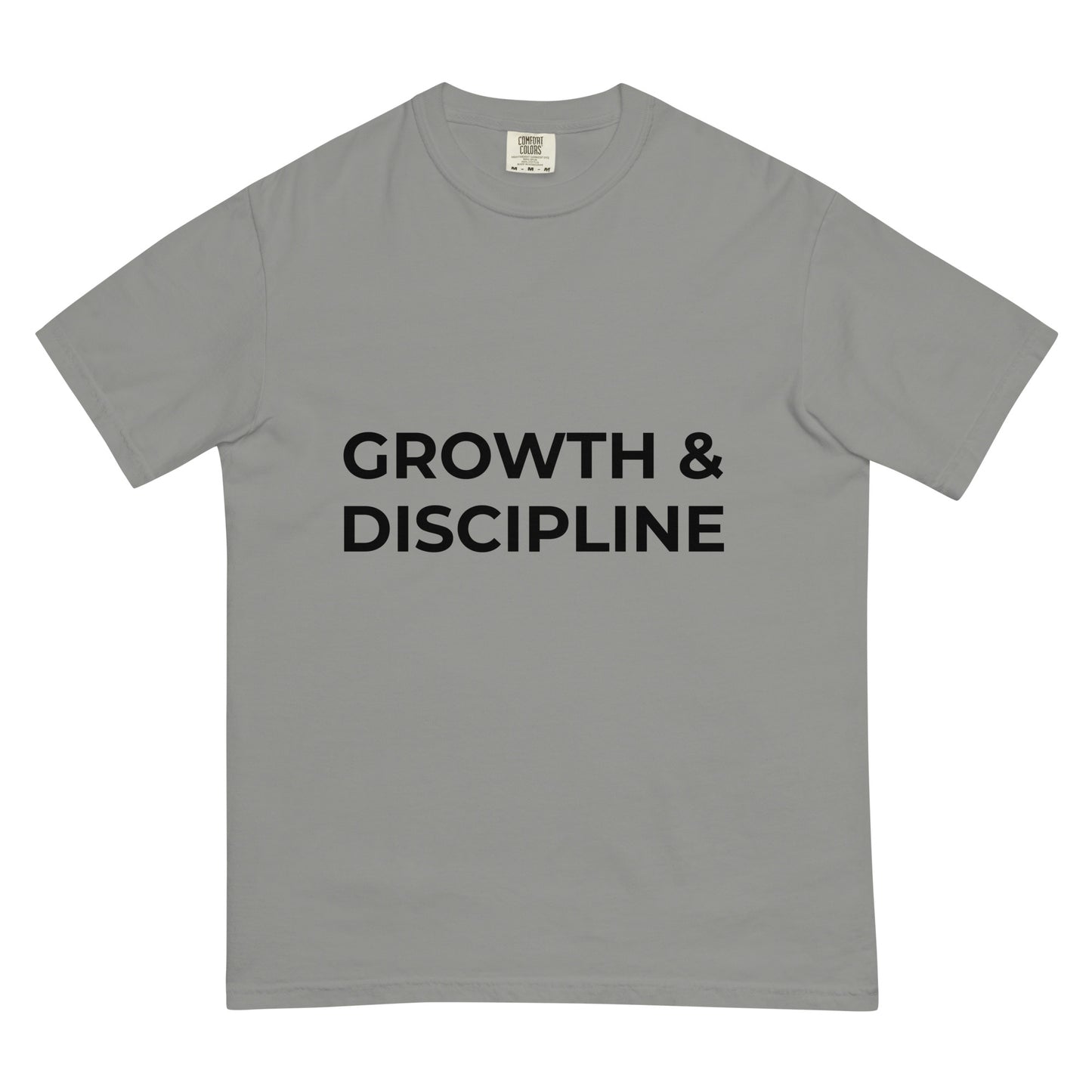 Growth & Discipline grey heavyweight t-shirt front view unisex motivational apparel