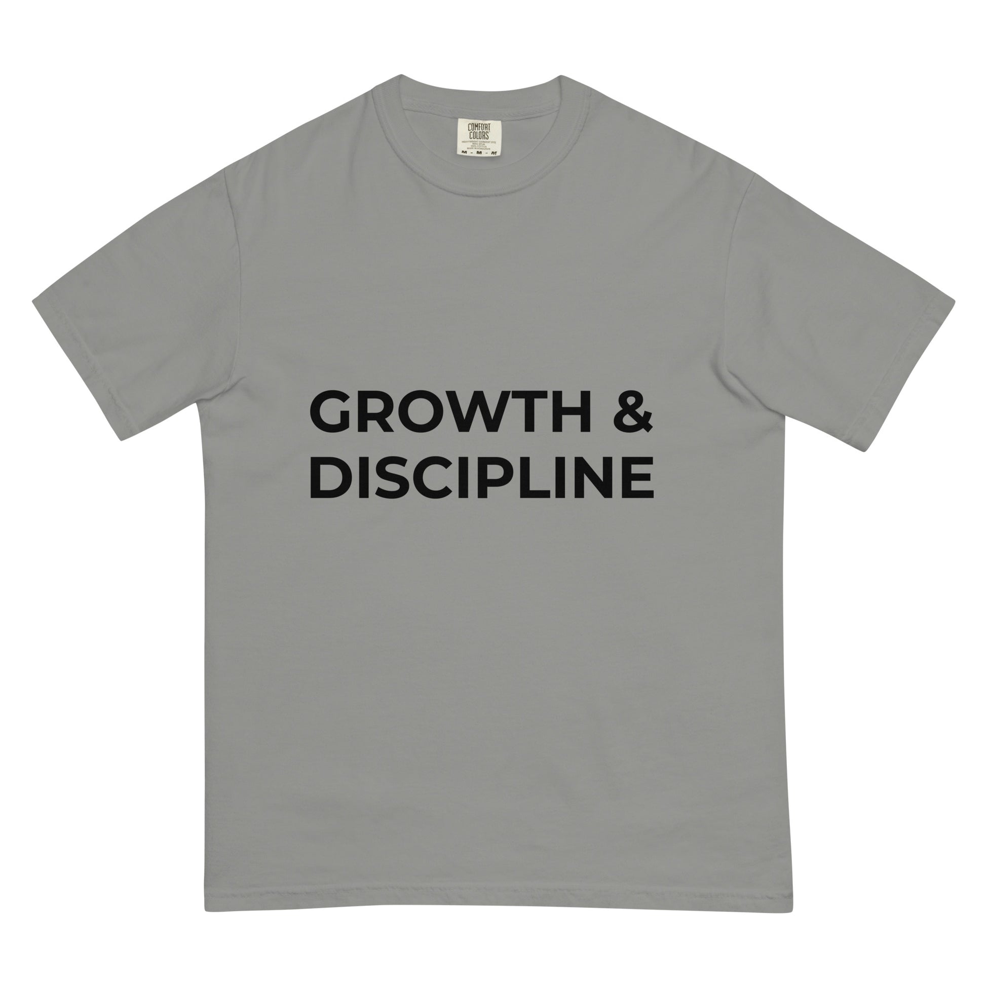 Growth & Discipline grey heavyweight t-shirt front view unisex motivational apparel